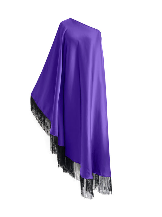 Black Fringe Off Shoulder Purple Glam Midi Dress