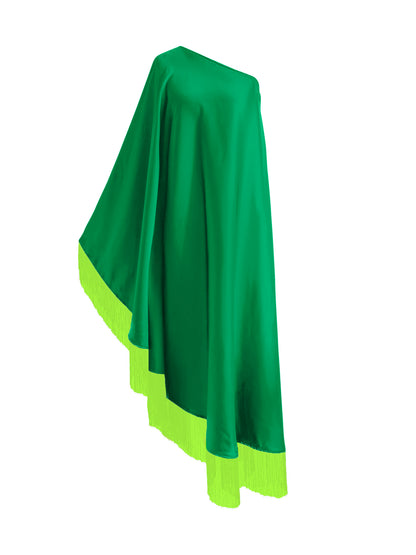 Off Shoulder Glam Neon Green Fringe Maxi Dress