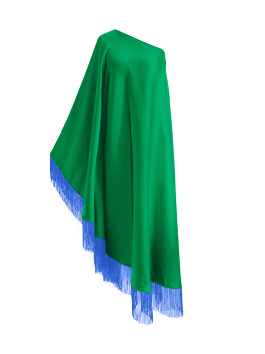 Blue Fringe Off Shoulder Green Midi Dress