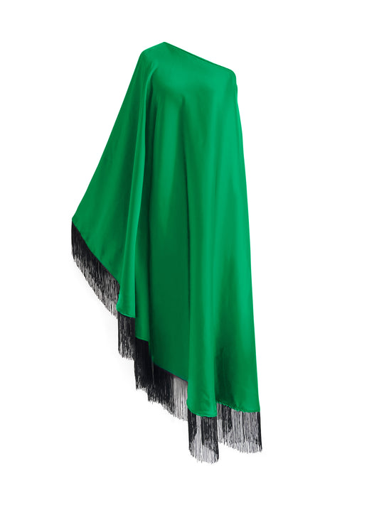 Black Fringe Off Shoulder Green Glam Midi Dress