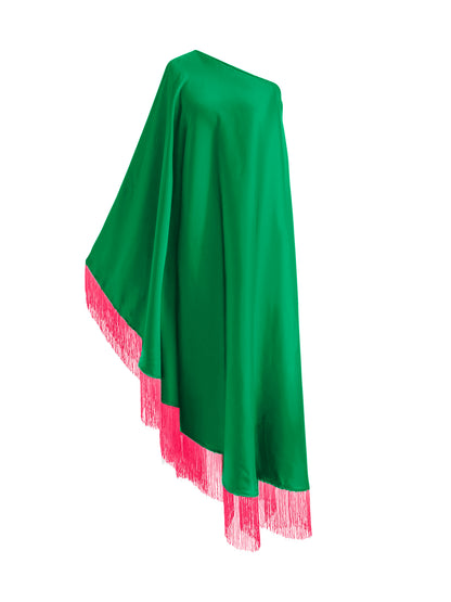 Off Shoulder Glam Neon Pink Fringe Maxi Dress