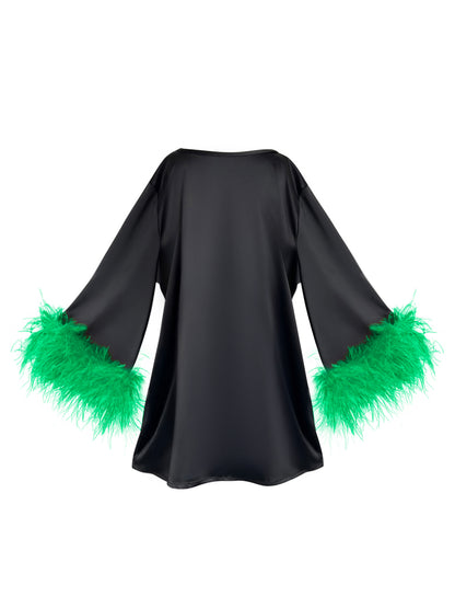 Jess Mini Little Black Party Dress With Green Feathers