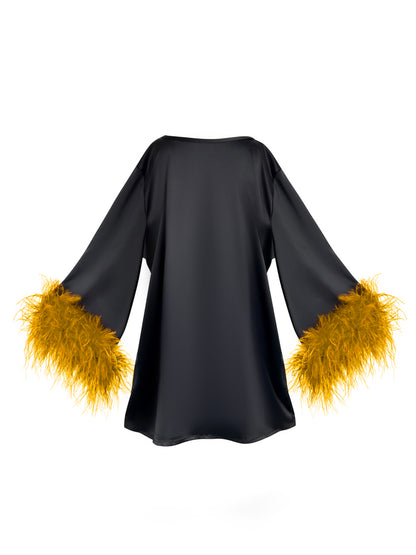 Jess Mini Little Black Party Dress With Yellow Feathers
