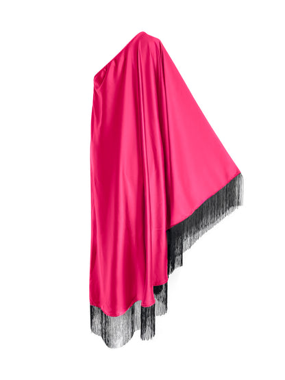 Black Fringe Off Shoulder Fuchsia Midi Dress