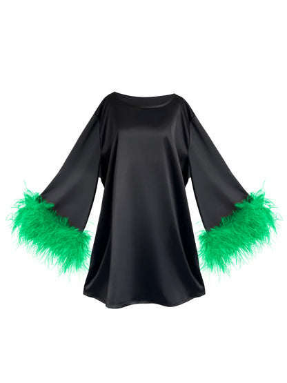 Jess Mini Little Black Party Dress With Green Feathers