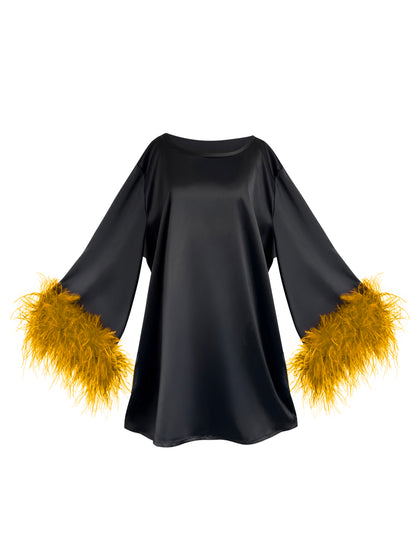 Jess Mini Little Black Party Dress With Yellow Feathers