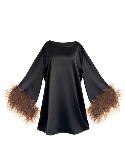 Jess Mini Little Black Party Dress With Brown Feathers