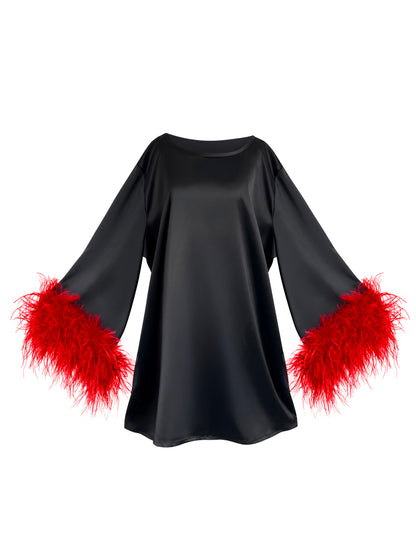 Jess Mini Little Black Party Dress With Red Feathers