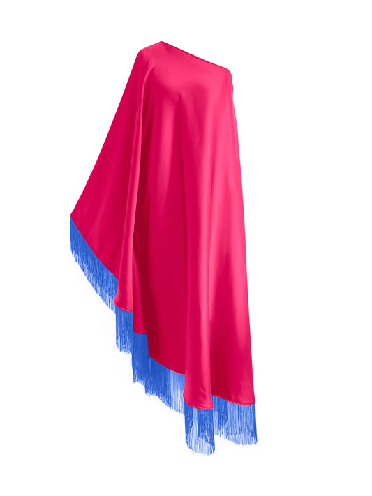 Blue Fringe Off Shoulder Fuchsia Midi Dress