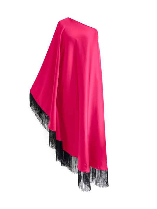 Black Fringe Off Shoulder Fuchsia Midi Dress