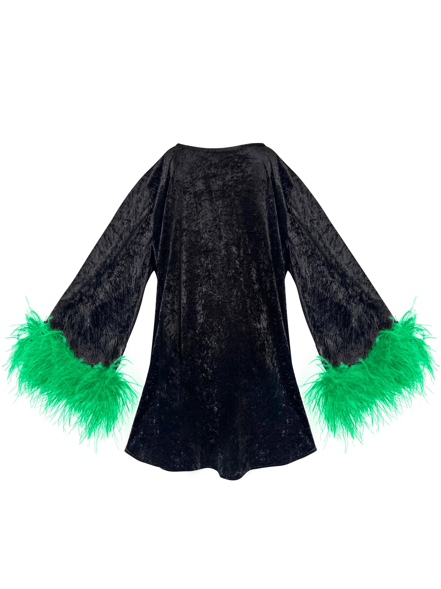 Jess Mini Little Black Velvet Dress With Green Feathers