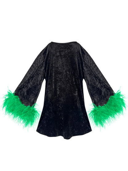 Jess Mini Little Black Velvet Dress With Green Feathers