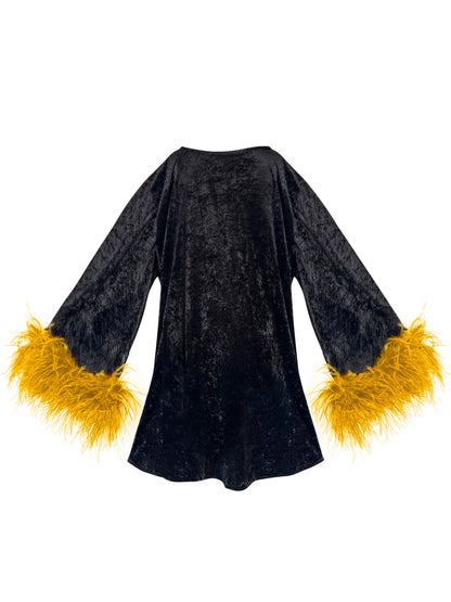 Jess Mini Little Black Velvet Dress With Yellow Feathers