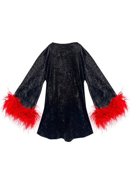 Jess Mini Little Black Velvet Dress With Red Feathers