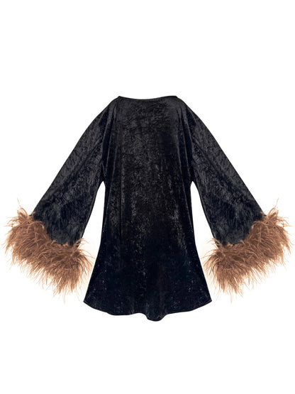 Jess Mini Little Black Velvet Dress With Brown Feathers