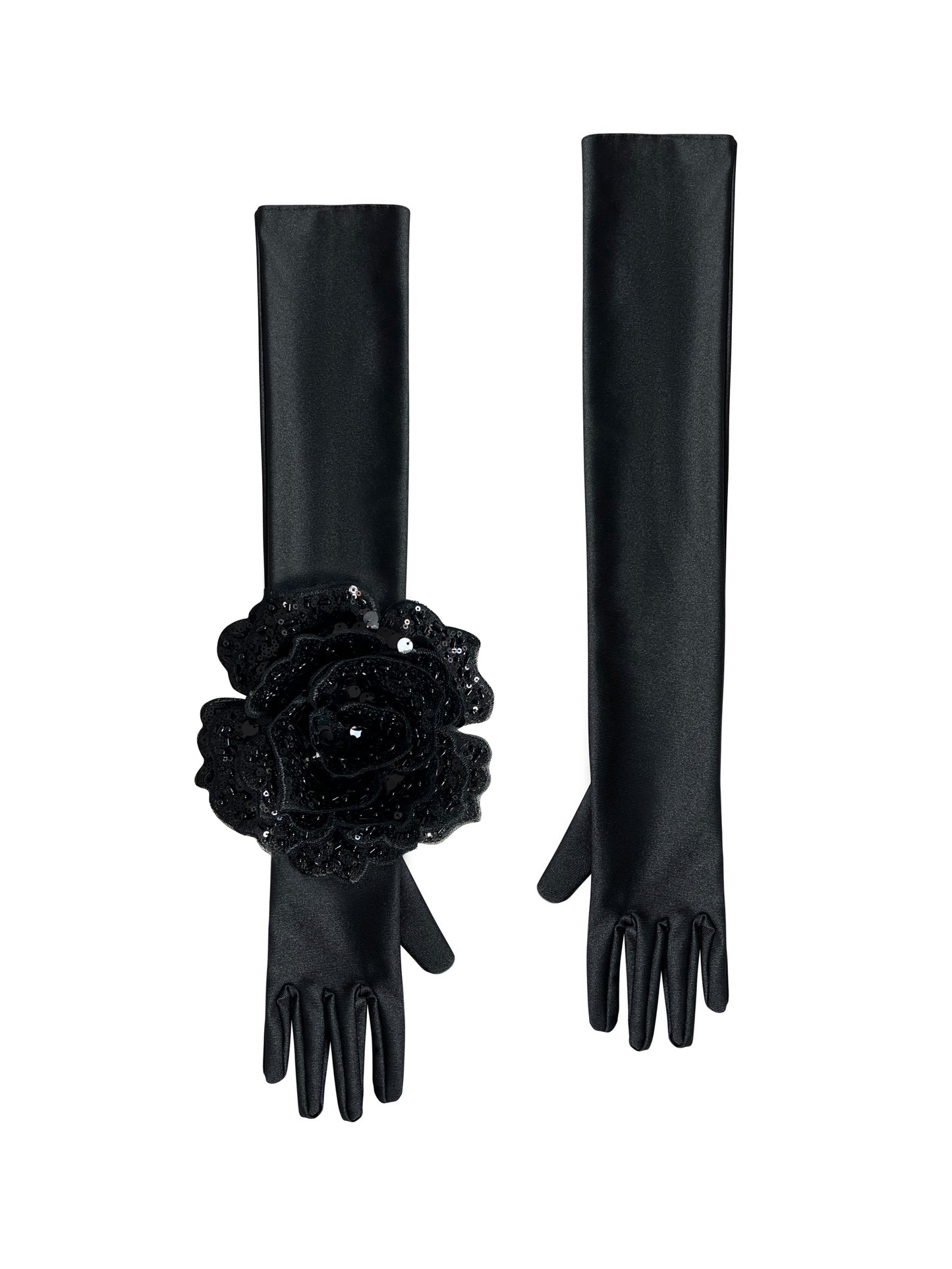 Black Evening Chic Gloves With Black Sequin Rose
