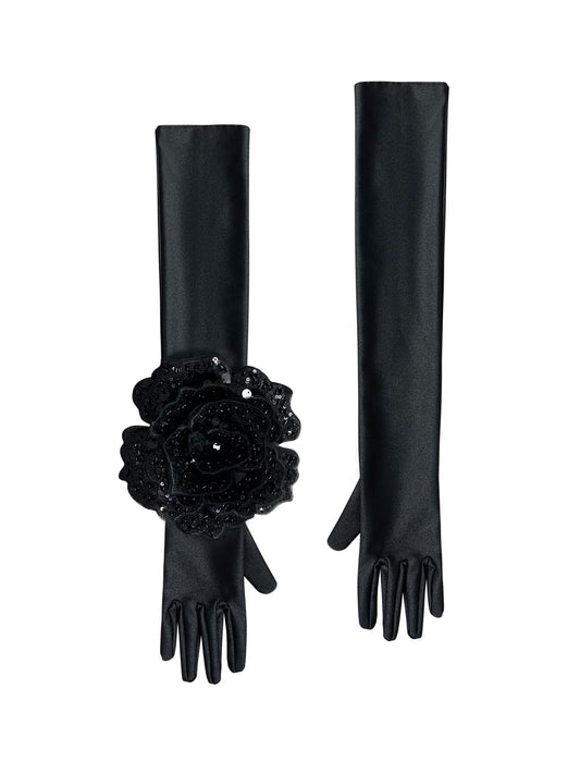 Black Evening Chic Gloves With Black Sequin Rose
