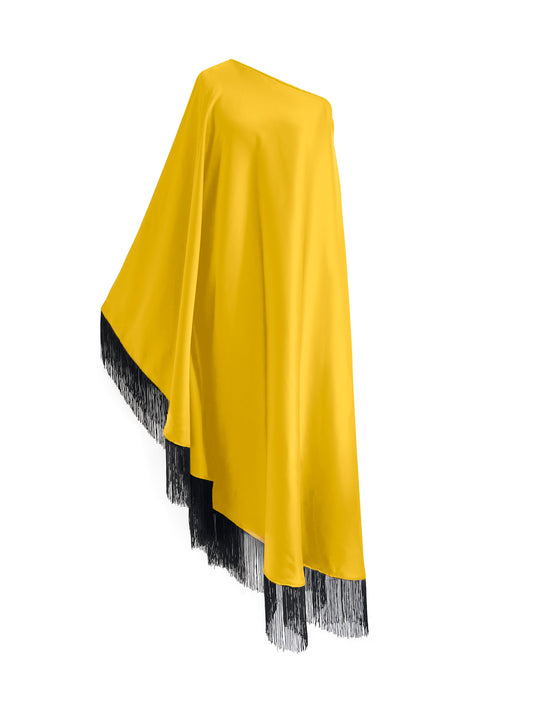 Black Fringe Off Shoulder Yellow Glam Midi Dress