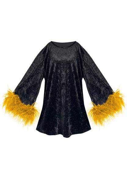 Jess Mini Little Black Velvet Dress With Yellow Feathers