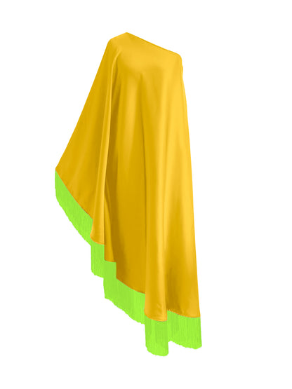 Off Shoulder Glam Neon Green Fringe Maxi Dress