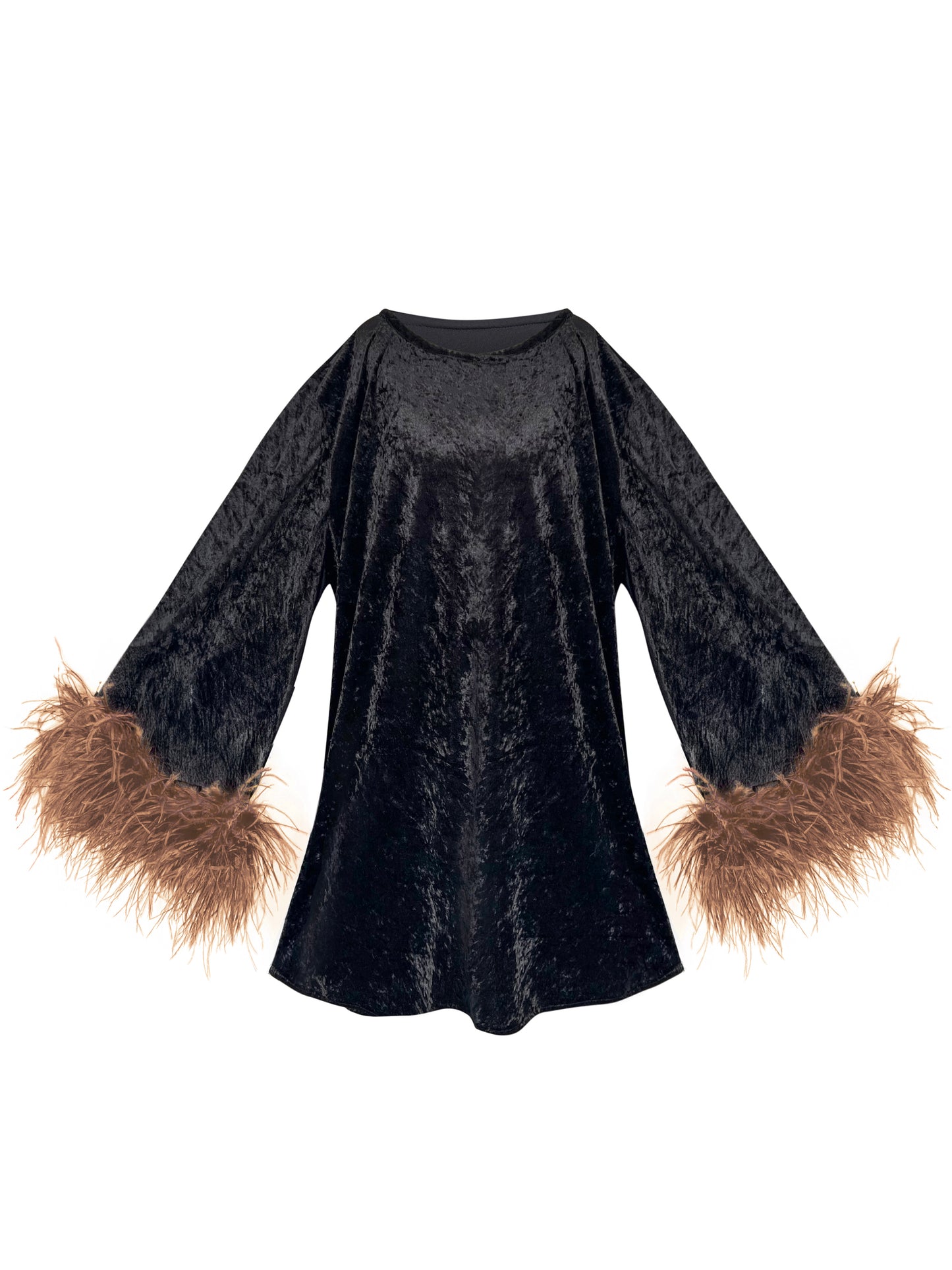 Jess Mini Little Black Velvet Dress With Brown Feathers