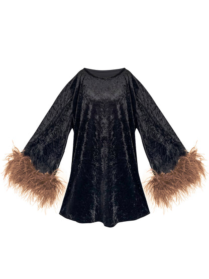 Jess Mini Little Black Velvet Dress With Brown Feathers