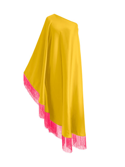 Off Shoulder Glam Neon Pink Fringe Maxi Dress