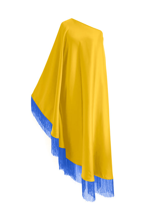 Blue Fringe Off Shoulder Yellow Midi Dress