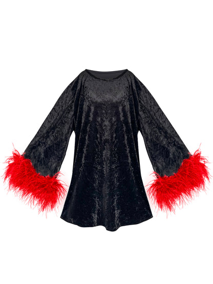 Jess Mini Little Black Velvet Dress With Red Feathers