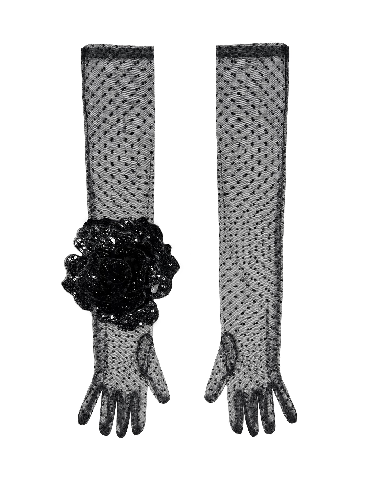 Long Black Polka Dot Elegant Gloves With Black Sequin Rose