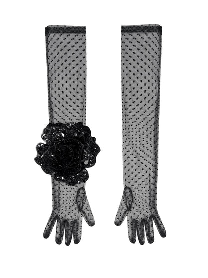 Long Black Polka Dot Elegant Gloves With Black Sequin Rose