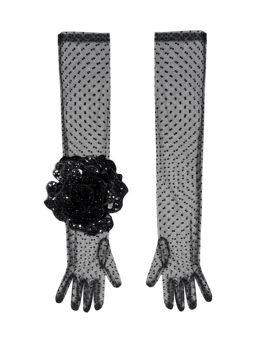 Long Black Polka Dot Elegant Gloves With Black Sequin Rose