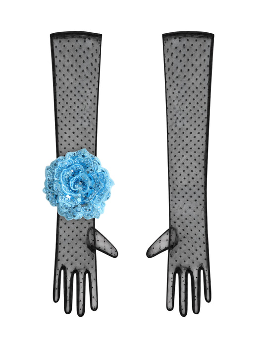 Long Black Polka Dot Gloves With Lake Blue Sequin Rose