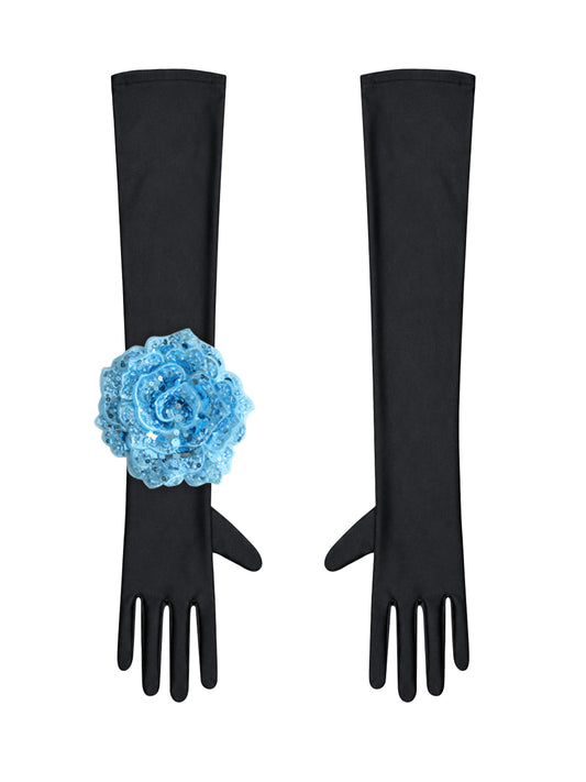 Black Evening Chic Gloves With Lake Blue Sequin Rose
