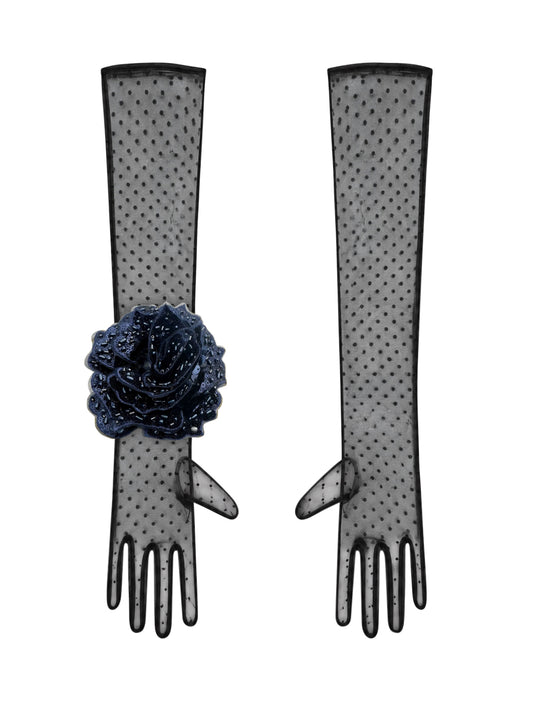 Long Black Polka Dot Gloves With Navy Sequin Rose