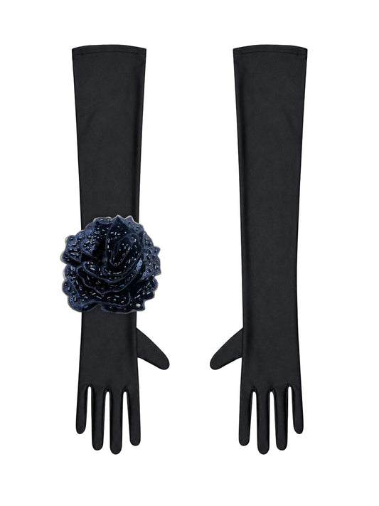 Black Evening Chic Gloves With Navy Sequin Rose
