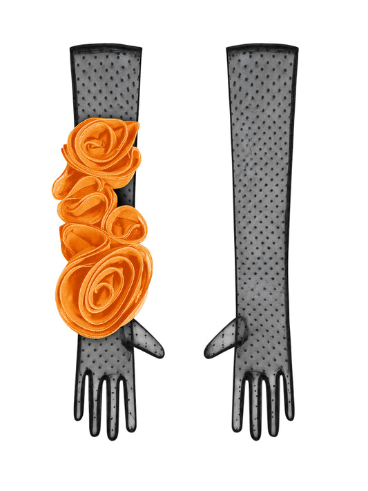 Black Polka Dot Gloves With Orange Flower