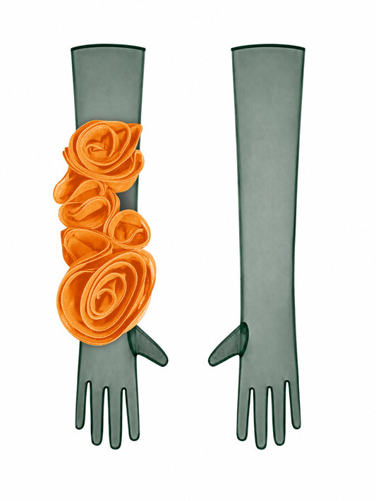 Dark Green Gloves With Orange Flower
