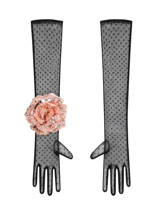 Long Black Polka Dot Gloves With Peach Sequin Rose