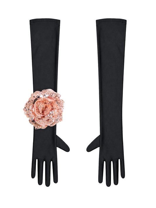 Black Evening Chic Gloves With Peach Sequin Rose