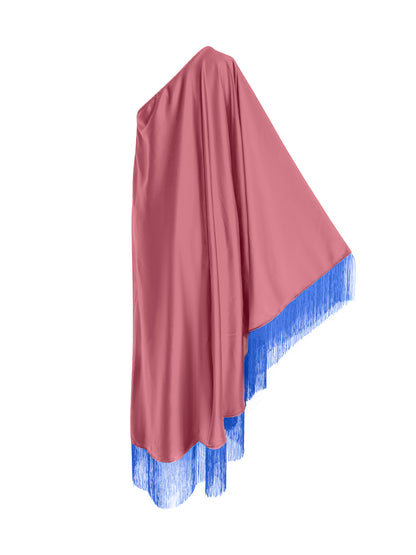Blue Fringe Off Shoulder Powder Pink Midi Dress