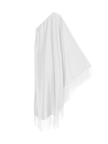 White Fringe Off Shoulder Glam Midi Dress