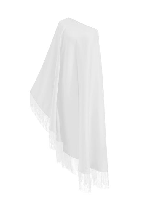 White Fringe Off Shoulder Glam Midi Dress