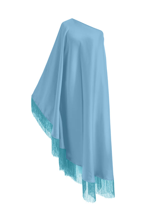 Baby Blue Fringe Off Shoulder Glam Midi Dress