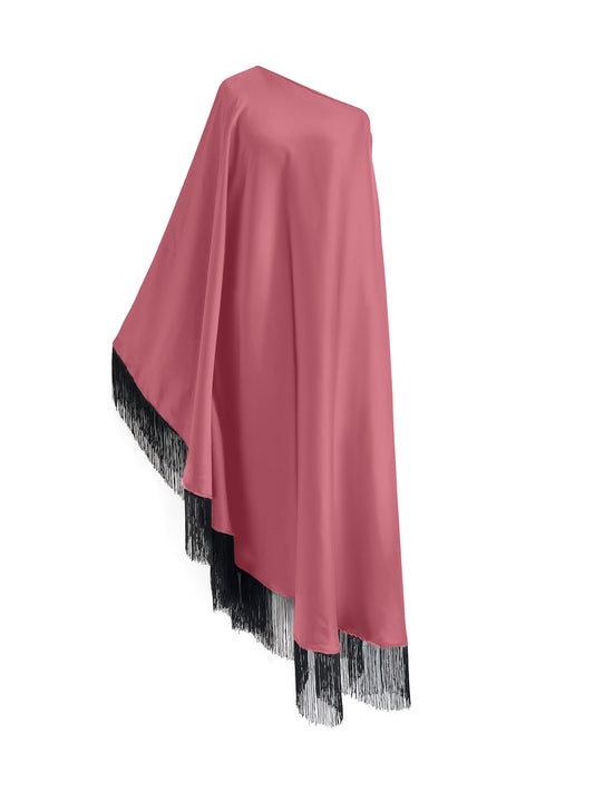 Black Fringe Off Shoulder Powder Pink Glam Midi Dress