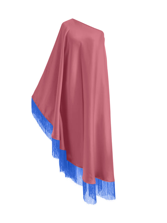 Blue Fringe Off Shoulder Powder Pink Midi Dress