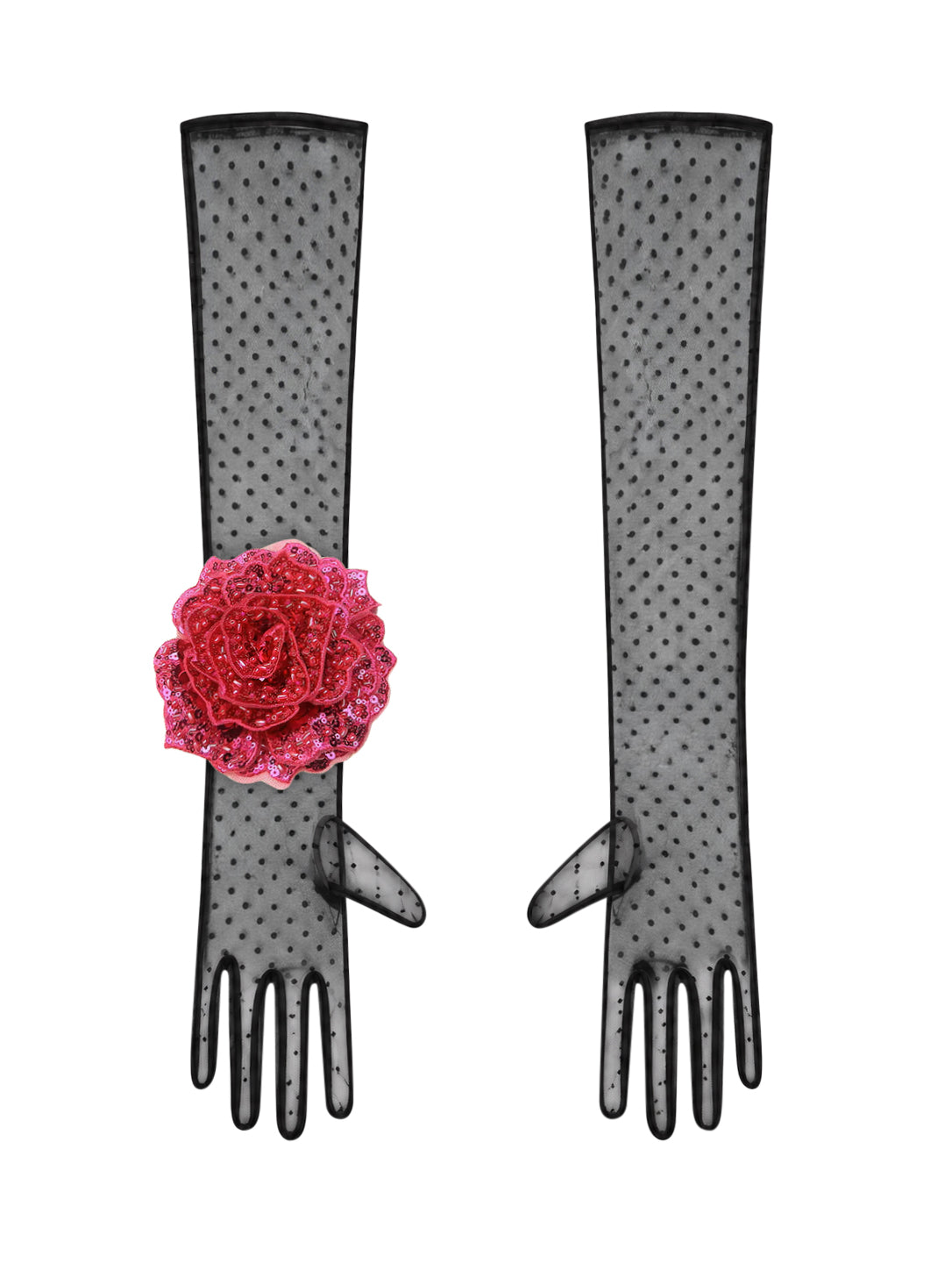 Long Black Polka Dot Gloves With Pink Sequin Rose