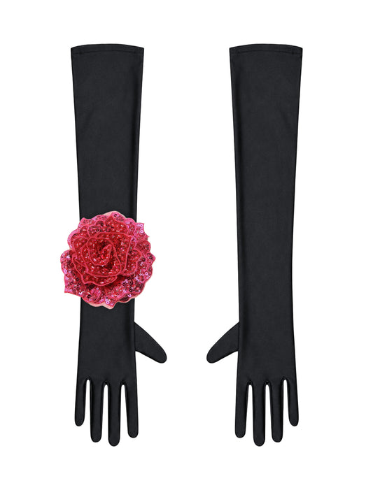 Black Evening Chic Gloves With Pink Sequin Rose