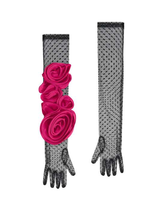 Long Polka Dot Lace Black And Pink Gloves