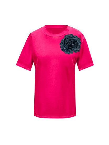 Pink Cotton T-Shirt With Sequin Flower